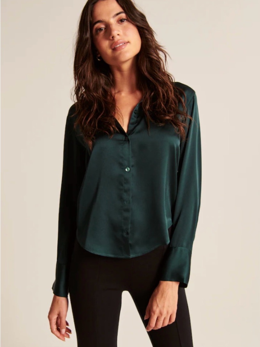 Abercrombie & Fitch Silky Satin Button-Front Blouse in Forest Green | XS